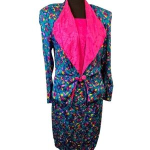 Vintage 1980’s Funky Colors Flora Kung Colorful 3 Piece Suit 100% Silk Size 8
